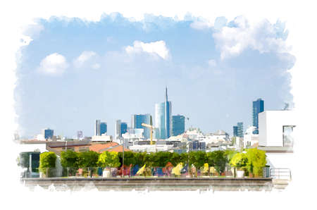 Watercolor drawing of Top aerial view of Milan city centre skyscrapers from roof of famous Duomo di Milano Cathedral with blue sky white clouds, Lombardy, Italyの写真素材