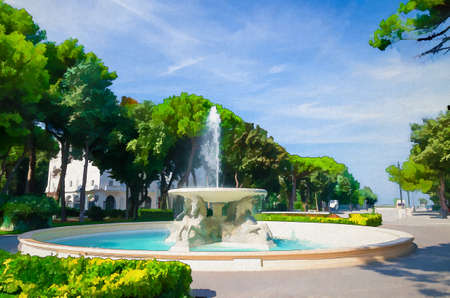 Watercolor drawing of Quattro cavalli Four horses fountain with turquoise water in Parco Federico Fellini park with green trees in touristic city centre Rimini, Emilia-Romagna, Italyの写真素材