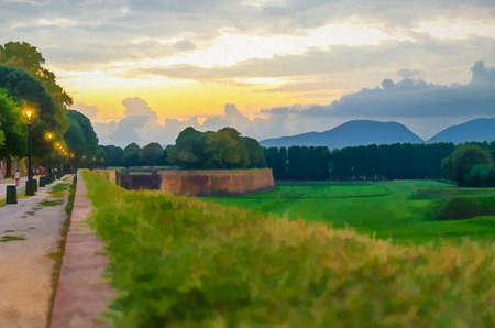 Watercolor drawing of View of pedestrian walking path street with lamps lights on defensive city wall, grass green field, trees and Tuscany hills and mountains with cloudy evening sky, Lucca, Italyの写真素材