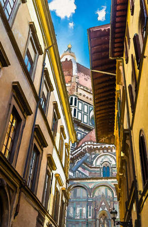 Watercolor drawing of Dome of Florence Duomo, Cattedrale di Santa Maria del Fiore, Basilica of Saint Mary of the Flower Cathedral, buildings on narrow street in historical city centre, Tuscany, Italyの写真素材