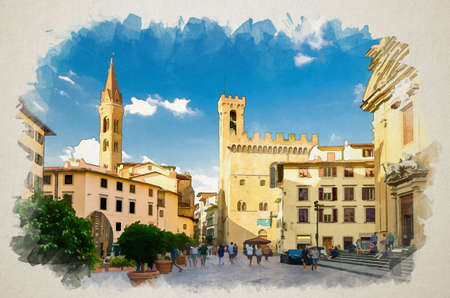 Watercolor drawing of Florence, Italy, September 15, 2018: Piazza di San Firenze square with Chiesa San Filippo Neri, Badia Fiorentina Monastero catholic church in historical centre of city, Tuscanyの写真素材