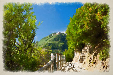 Watercolor drawing of Pedestrian hiking stone path trail with railing between Corniglia and Vernazza villages with green trees, blue sky background, National park Cinque Terre, Liguria, Italyの写真素材