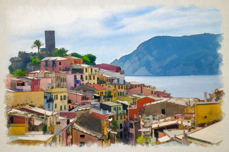 Watercolor drawing of Vernazza traditional typical Italian village in National park Cinque Terre with colorful multicolored houses and Castello Doria castle on rock, Ligurian Sea, Liguria, Italyの写真素材