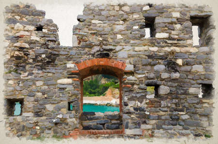 Watercolor drawing of Ruins of brick stone old medieval wall with windows and door arch in Portovenere town, view of Palmaria island, Ligurian sea, Riviera di Levante, La Spezia, Liguria, Italyの写真素材
