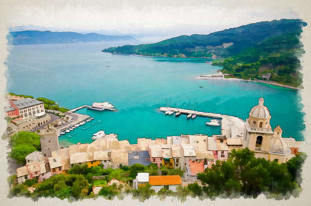 Watercolor drawing of Top aerial view of Gulf of Spezia turquoise water, dome of Chiesa di San Lorenzo church, port marine of Portovenere town, Palmaria island, Ligurian sea, Riviera Levante, Italyの写真素材