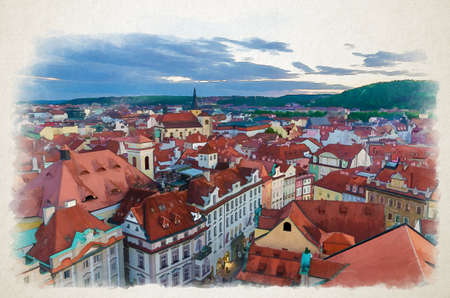 Watercolor drawing of Top aerial panoramic view of Prague Old Town Stare Mesto historical city centre with red tiled roof buildings and Petrin hill garden in evening sunset, Bohemia, Czech Republicの写真素材