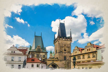 Watercolor drawing of Prague Mala Strana Bridge Tower Malostranska vez on Charles Bridge Karluv Most over Vltava river in historical city centre Lesser Town, blue sky white clouds, Czech Republicの写真素材