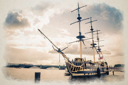 Watercolor drawing of Sailboat ship with mast moored anchored on water of Neva river in Saint Petersburg Leningrad city, Trinity bascule bridge, blue sky white clouds background, Russiaの写真素材