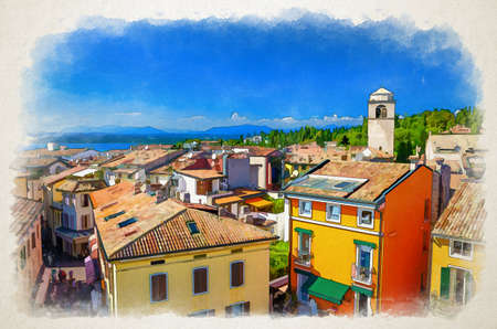 Watercolor drawing of aerial panoramic view of Sirmione town historical centre, multicolored colorful buildings with red tiled roofs, blue sky background, Lombardy, Northern Italyの写真素材