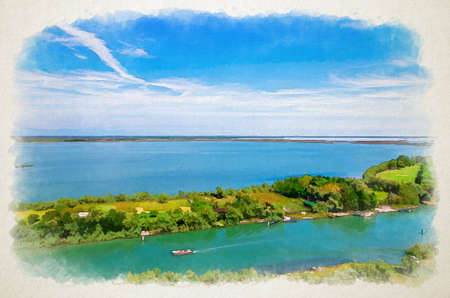 Watercolor drawing of Aerial view of Torcello islands, water canal with fishing motor boats and green trees. Panoramic view of Venetian Lagoon. Veneto Region, Italy. Blue cloudy sky background.の写真素材