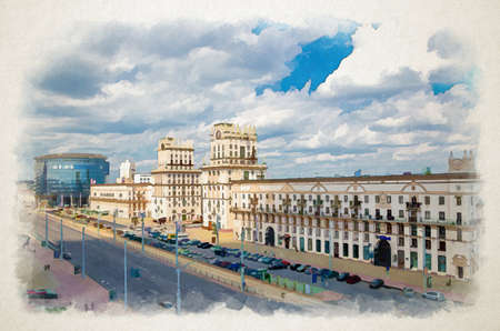 Watercolor drawing of Minsk aerial panoramic view of Railway Station Square with The Gates of Minsk two tall towers Socialist Classicism style buildings, blue sky white clouds in sunny summer dayの写真素材