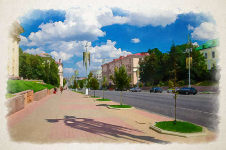 Watercolor drawing of Minsk: Independence Avenue with Socialist Classicism Stalin Empire style buildings, sidewalk pavement and riding cars and buses, blue sky white clouds in sunny summer dayの写真素材