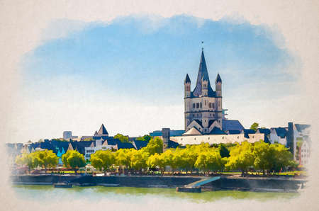Watercolor drawing of Cologne cityscape of historical city centre with Great Saint Martin Roman Catholic Church tower buildings on embankment of Rhine river, blue sky, North Rhine-Westphalia, Germanyの写真素材