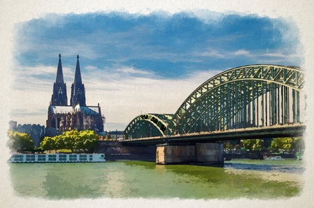 Watercolor drawing of Cologne cityscape of historical city centre with Cologne Cathedral Roman Catholic Church of Saint Peter gothic style building, Hohenzollern Bridge across Rhine river, Germanyの写真素材