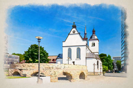 Watercolor drawing of Deutz Abbey Benedictine monastery or Alt Saint Heribert Greek Orthodox church building in city centre, blue sky in sunny summer day background, North Rhine-Westphalia, Germanyの写真素材