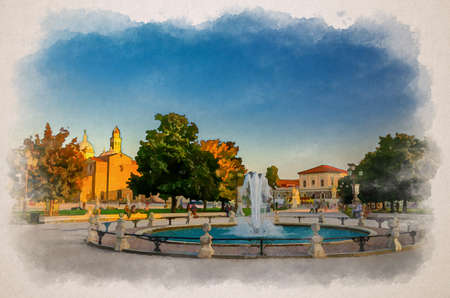 Watercolor drawing of Padua cityscape with fountain on Piazza Prato della Valle square in historical city centre and Abbey of Santa Giustina church, Memmia island, Padova town, Veneto Regionの写真素材