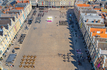 Aerial panoramic view of Arras city historical town center with Place des Heros Heroes Square with...