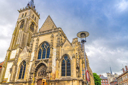 Saint-Germain catholic church Eglise Saint-Germain d'Amiens building with leaning tower in Amiens old historical city centre, Somme department, Hauts-de-France Region, Northern Franceの写真素材