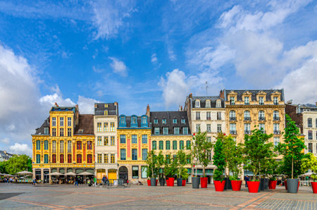 Lille cityscape, Grand Place square in city center, historical monument Flemish mannerist architecture style row of buildings, trees in pots, French Flanders, Hauts-de-France Region, Northern Franceの写真素材