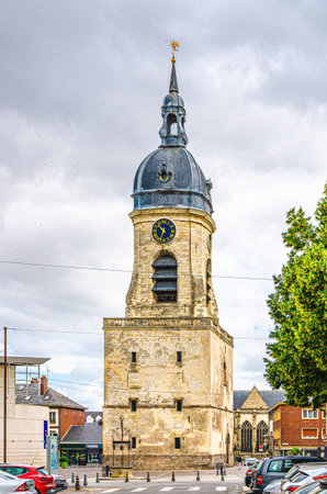 Belfry of Amiens beffroi d'Amiens bell tower UNESCO World Heritage Site stone building with clock and spire in old historical city centre, Somme department, Hauts-de-France Region, Northern Franceの写真素材