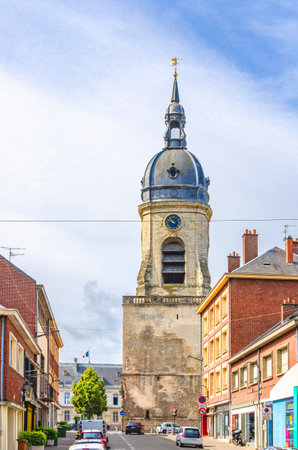 Belfry of Amiens beffroi d'Amiens bell tower UNESCO World Heritage Site stone building with clock and spire in old historical city centre, Somme department, Hauts-de-France Region, Northern Franceの写真素材