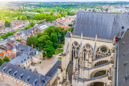 Aerial view from top of Amiens Cathedral with roof and panorama of Amiens old historical city center...