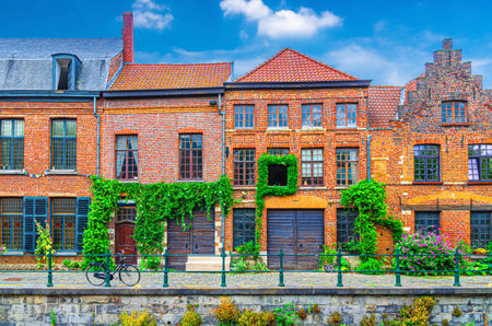 Old buildings with windows and plants on brick walls on cobblestone embankment promenade in Ghent historical city center Prinsenhof Princes Court district, Gent old town, Flemish Region, Belgiumの写真素材