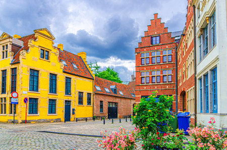 Old houses and brick buildings in Ghent historical city center Prinsenhof Princes Court quarter district, Gent old town, East Flanders province, Flemish Region, Belgiumの写真素材
