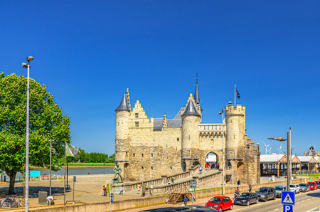 Het Steen medieval fortress, stone castle with towers on bank of Scheldt river in Antwerp city historical centre, Antwerpen old town, Flemish Region, Belgiumの写真素材