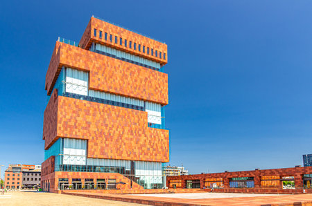 MAS Museum aan de Stroom Museum by the Stream, modern warehouse spiral tower building in Eilandje district Antwerp city historical centre, Antwerpen port area, Flemish Region, Belgiumの写真素材