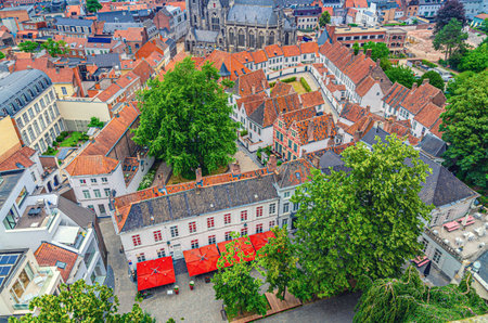 Aerial top view of Kortrijk historical city center with Beguinage Courtrai of Saint-Elisabeth, Begijnhof van Kortrijk buildings in Kortrijk old town, West Flanders province, Flemish Region, Belgiumの写真素材