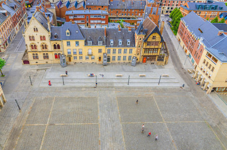 Aerial top view of Maison du pelerin pilgrim house building on Place Notre Dame square in Amiens historical city centre, Somme department, Hauts-de-France Region, Northern Franceの写真素材