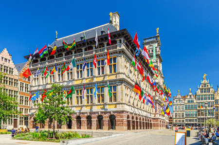 Antwerp City Hall Stadhuis Antwerpen Renaissance Architectural style building and guildhalls on Grote Markt Big Market Square in historical city centre, Antwerpen old town, Flemish Region, Belgiumの写真素材