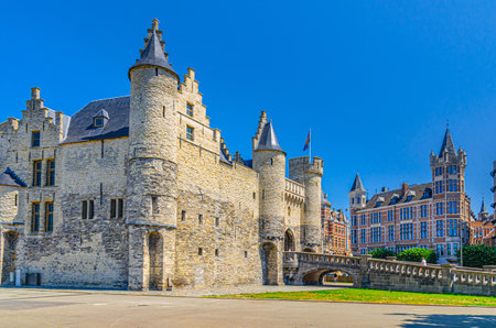 Het Steen medieval fortress, stone castle with towers in Antwerp city historical centre, Antwerpen old town, Flemish Region, Belgiumの写真素材