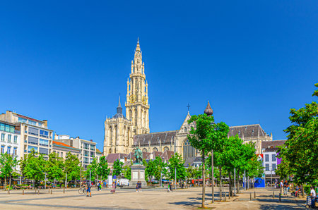 Cathedral of Our Lady Onze-Lieve-Vrouwekathedraal Roman Catholic Gothic style building with belfry on Groenplaats Green Square in Antwerp city centre, Antwerpen old town, Flemish Region, Belgiumの写真素材