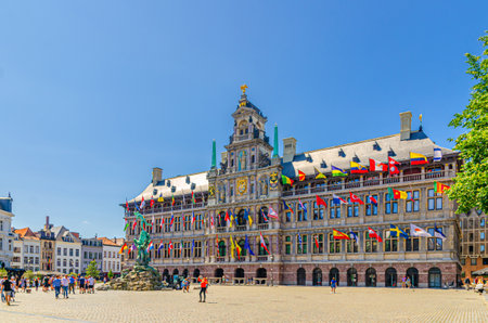 Antwerp City Hall Stadhuis Antwerpen Renaissance Architectural style building and Brabofontein Brabo Fountain on Big Market Square in Antwerp city historical centre, Antwerpen old town, Belgiumの写真素材