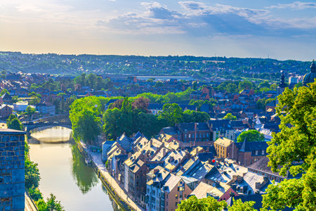 Namur cityscape, top aerial view of old town Namur city historical center, Sambre river with bridge and embankment, skyline horizon of Namur, Wallonia, Walloon Region, Belgiumの写真素材