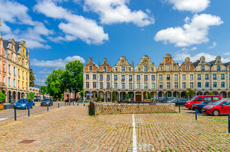 Arras historical city center with Flemish-Baroque-style townhouses buildings on La Grand Place square, blue sky summer day, Artois, Pas-de-Calais department, Hauts-de-France Region, Northern Franceの写真素材