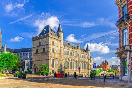 Castle of Gerald the Devil fortress Geeraard de Duivelsteen and Cathedral of Saint Bavo Sint-Baafskathedral background in Ghent city historic center, East Flanders province, Flemish Region, Belgiumの写真素材