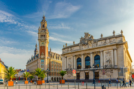 Lille Chamber of Commerce Nouvelle Bourse New Stock Exchange Neo-Flemish style building, Opera de Lille theater neo-classical on square in historical city center, French Flanders, Northern Franceの写真素材