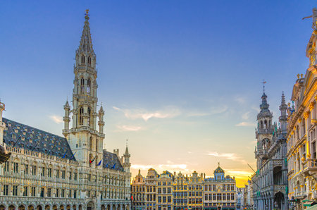 The Grand-Place Grote Markt Big Market square in Brussels city historical center, Town Hall Brabantine Gothic style, King's House Bread House Brussels City Museum and Guilds of Brussels, Belgiumの写真素材