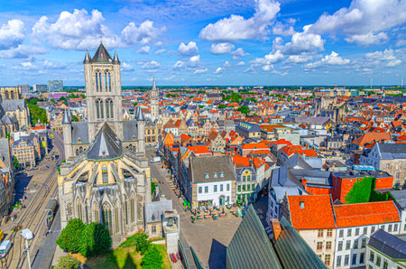 Ghent cityscape, aerial panoramic view of Ghent city historical center, Saint Nicholas Church and old colorful buildings, skyline horizon, panorama of Ghent old town, East Flanders province, Belgiumの写真素材