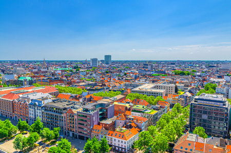Antwerp cityscape, aerial panoramic view of Antwerp city historical centre, skyline horizon panorama of Antwerp old town, Flemish Region, Belgiumの写真素材