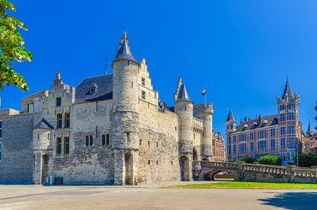 Het Steen medieval fortress, stone castle with towers in Antwerp city historical centre, Antwerpen old town, Flemish Region, Belgiumの写真素材