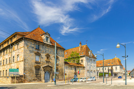 Saint-Jacques hospital BesanÃ§on University Hospital building in Besancon old town center ville, La boucle de BesanÃ§on city historic center in sunny summer day, Bourgogne-Franche-Comte region, Franceの写真素材