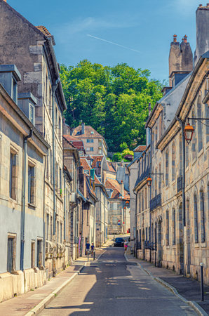 Besancon cityscape old town center ville, La boucle de BesanÃ§on city historic center, Rue Vieille Monnaie street, old houses medieval buildings in sunny day, Bourgogne-Franche-Comte region, Franceの写真素材