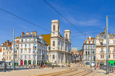 BesanÃ§on cityscape, Eglise Sainte-Madeleine hall church neoclassical style building, Battant Bridge with tram rails in old town, Battant district de BesanÃ§on city center medieval buildings, Franceの写真素材