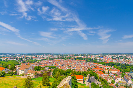 Aerial panoramic view of Besancon old town center ville La boucle, Panorama of BesanÃ§on city historic center skyline, BesanÃ§on cityscape, Parc Saint-Ãtienne park Citadel in sunny summer day, Franceの写真素材