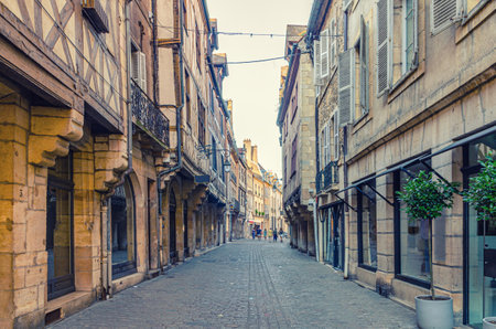 Old medieval houses buildings on Rue Verrerie pedestrian street in Dijon city historical center, Dijon old town center ville, Bourgogne-Franche-Comte region, Franceの写真素材