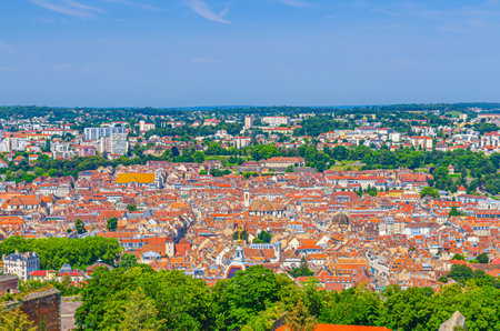 Aerial view of Besancon old town center ville La boucle with red tiled roofs of medieval buildings, BesanÃ§on city historic center skyline in sunny summer day, Bourgogne-Franche-Comte region, Franceの写真素材